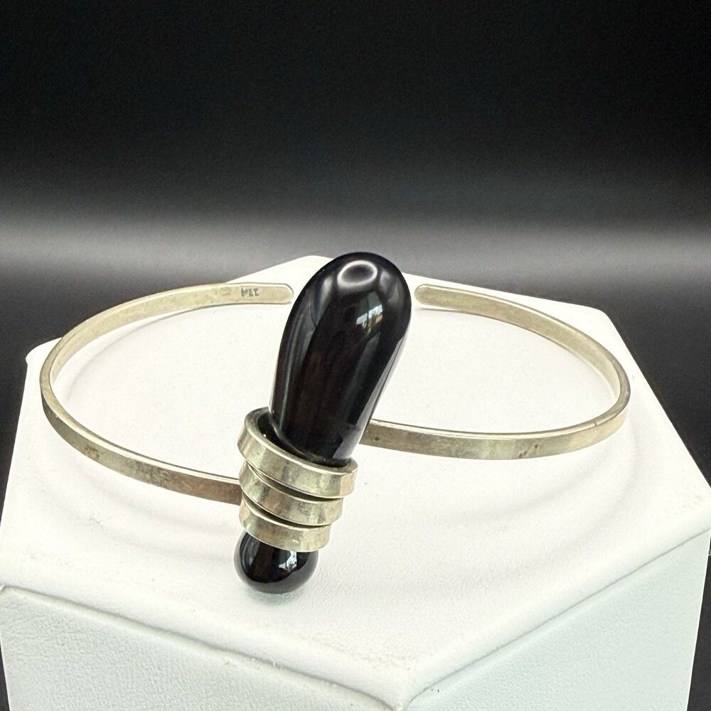 Vintage Mid Century Modernist Black Lucite Bypass Cuff Bracelet Silver Tone